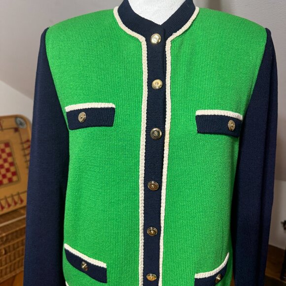 St John Collection by Marie Gray Knit Kelly Green Navy Blue Sweater size 6 - Picture 4 of 10